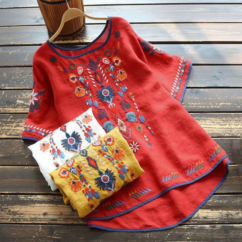 Buddha Stones Retro Künstlerische Stickerei Blumenmuster Rundhals Damen Baumwolle Leinen Kurzarm T-Shirt - image 12