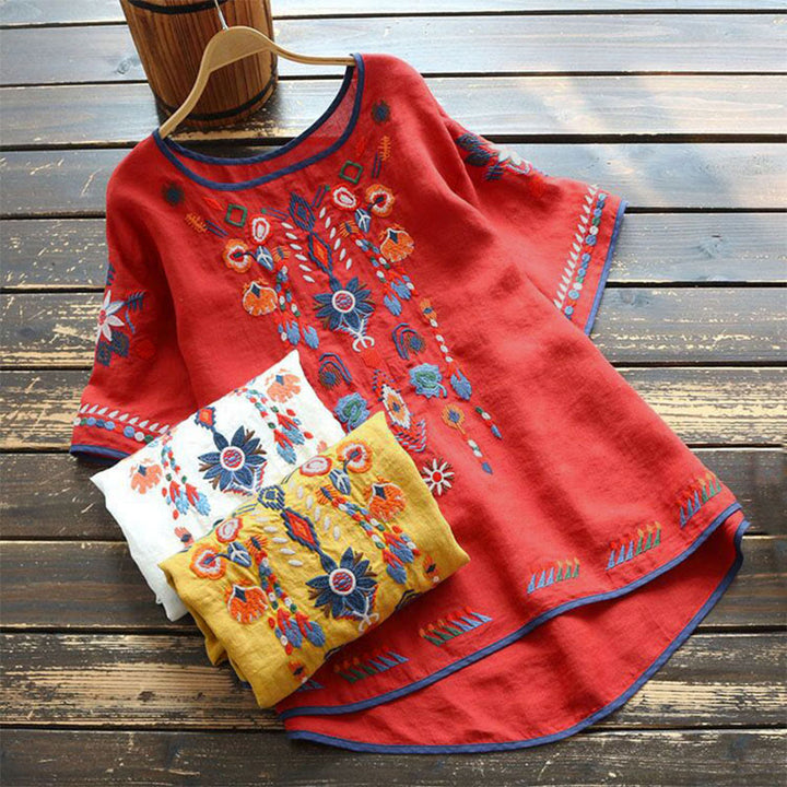 Buddha Stones Retro Künstlerische Stickerei Blumenmuster Rundhals Damen Baumwolle Leinen Kurzarm T-Shirt - image 12