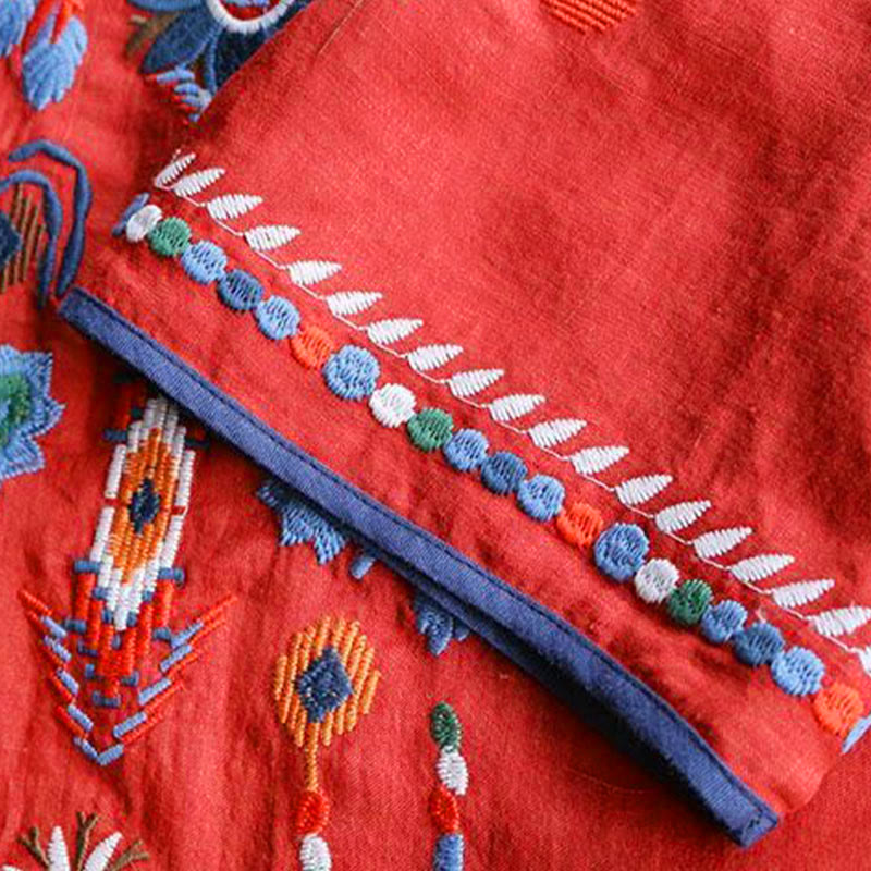 Buddha Stones Retro Künstlerische Stickerei Blumenmuster Rundhals Damen Baumwolle Leinen Kurzarm T-Shirt - image 10