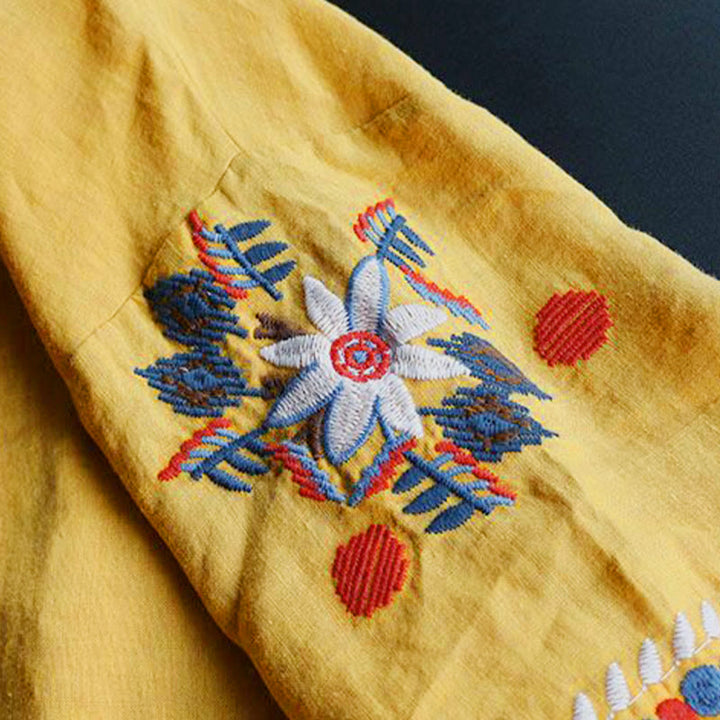 Buddha Stones Retro Künstlerische Stickerei Blumenmuster Rundhals Damen Baumwolle Leinen Kurzarm T-Shirt - image 16