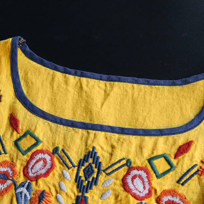 Buddha Stones Retro Künstlerische Stickerei Blumenmuster Rundhals Damen Baumwolle Leinen Kurzarm T-Shirt - image 15