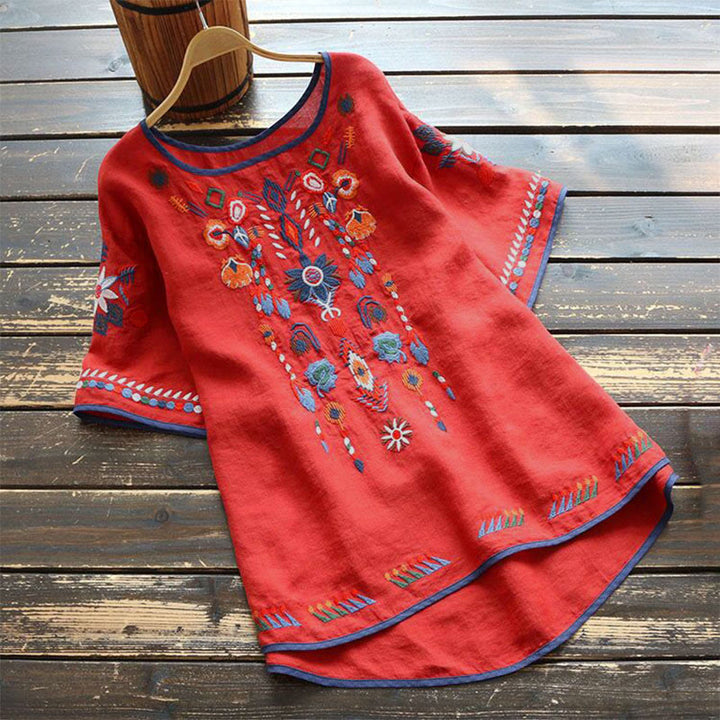 Buddha Stones Retro Künstlerische Stickerei Blumenmuster Rundhals Damen Baumwolle Leinen Kurzarm T-Shirt - Rot - US14, UK/AU18, EU46 (4XL) - image 8