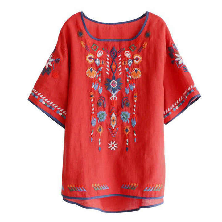 Buddha Stones Retro Künstlerische Stickerei Blumenmuster Rundhals Damen Baumwolle Leinen Kurzarm T-Shirt - image 13