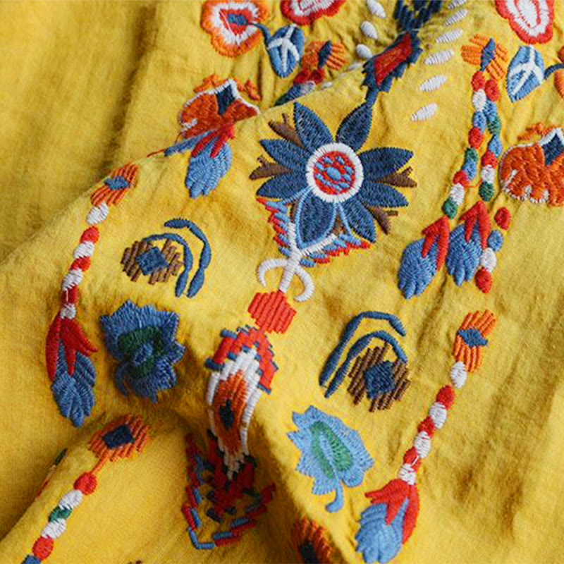 Buddha Stones Retro Künstlerische Stickerei Blumenmuster Rundhals Damen Baumwolle Leinen Kurzarm T-Shirt - image 17