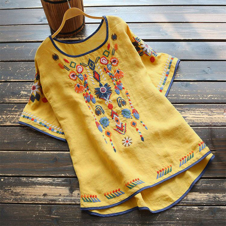 Buddha Stones Retro Künstlerische Stickerei Blumenmuster Rundhals Damen Baumwolle Leinen Kurzarm T-Shirt - Gelb - US14, UK/AU18, EU46 (4XL) - image 14
