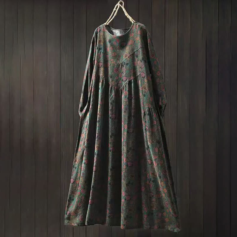 Buddha Stones Maxikleid aus Baumwolle für Damen mit Retro-Blumenmuster, A-Linien-Schnitt und langen Ärmeln - Dunkelolivgrün - US4-8/10, UK/AU8-12/14, EU36-40/42 (F) - image 0