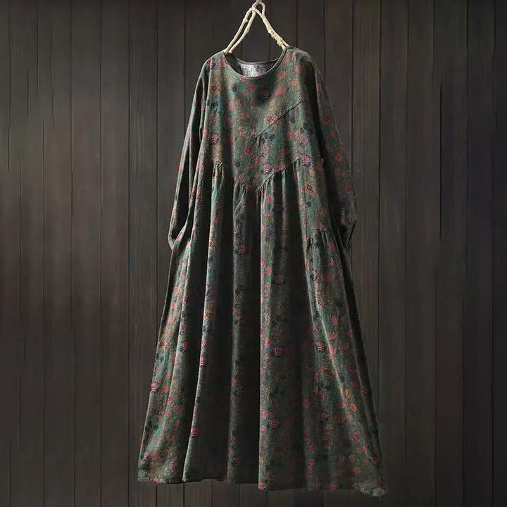 Buddha Stones Maxikleid aus Baumwolle für Damen mit Retro-Blumenmuster, A-Linien-Schnitt und langen Ärmeln - Dunkelolivgrün - US4-8/10, UK/AU8-12/14, EU36-40/42 (F) - image 0