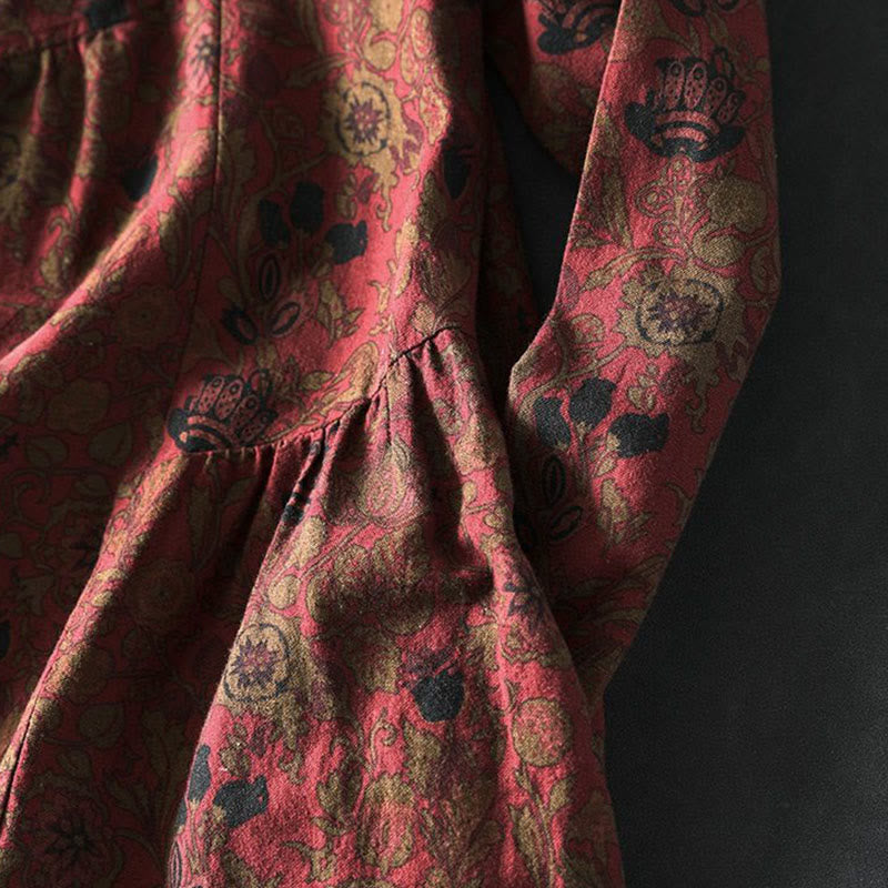 Buddha Stones Maxikleid aus Baumwolle für Damen mit Retro-Blumenmuster, A-Linien-Schnitt und langen Ärmeln - image 7