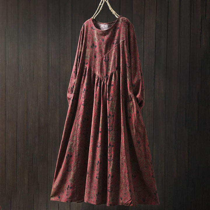 Buddha Stones Maxikleid aus Baumwolle für Damen mit Retro-Blumenmuster, A-Linien-Schnitt und langen Ärmeln - Feuerfestziegel - US4-8/10, UK/AU8-12/14, EU36-40/42 (F) - image 2
