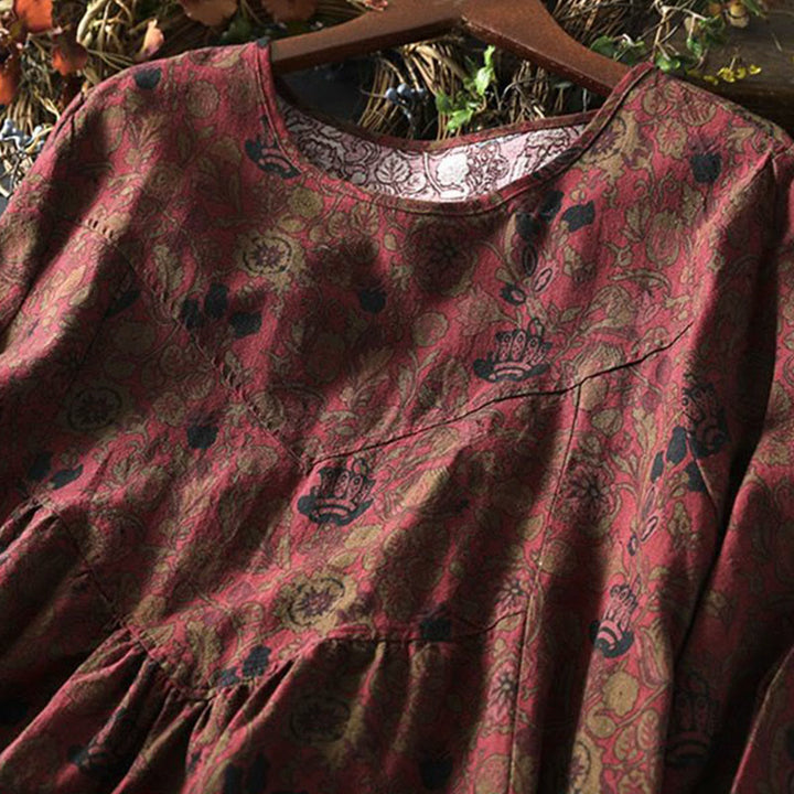 Buddha Stones Maxikleid aus Baumwolle für Damen mit Retro-Blumenmuster, A-Linien-Schnitt und langen Ärmeln - image 6