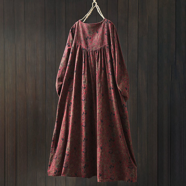 Buddha Stones Maxikleid aus Baumwolle für Damen mit Retro-Blumenmuster, A-Linien-Schnitt und langen Ärmeln - image 3