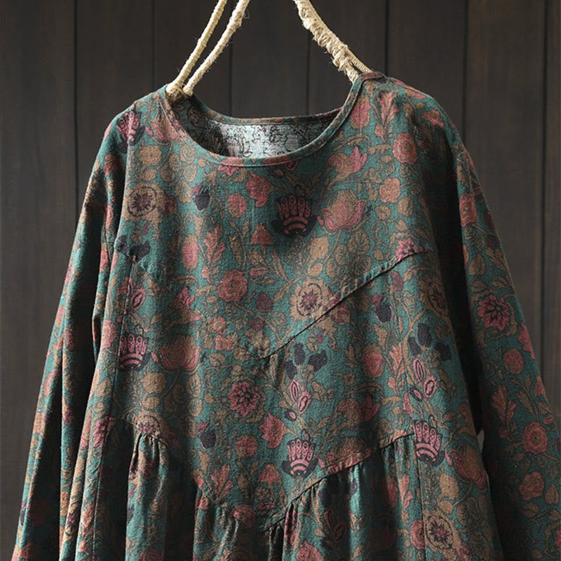 Buddha Stones Maxikleid aus Baumwolle für Damen mit Retro-Blumenmuster, A-Linien-Schnitt und langen Ärmeln - image 1