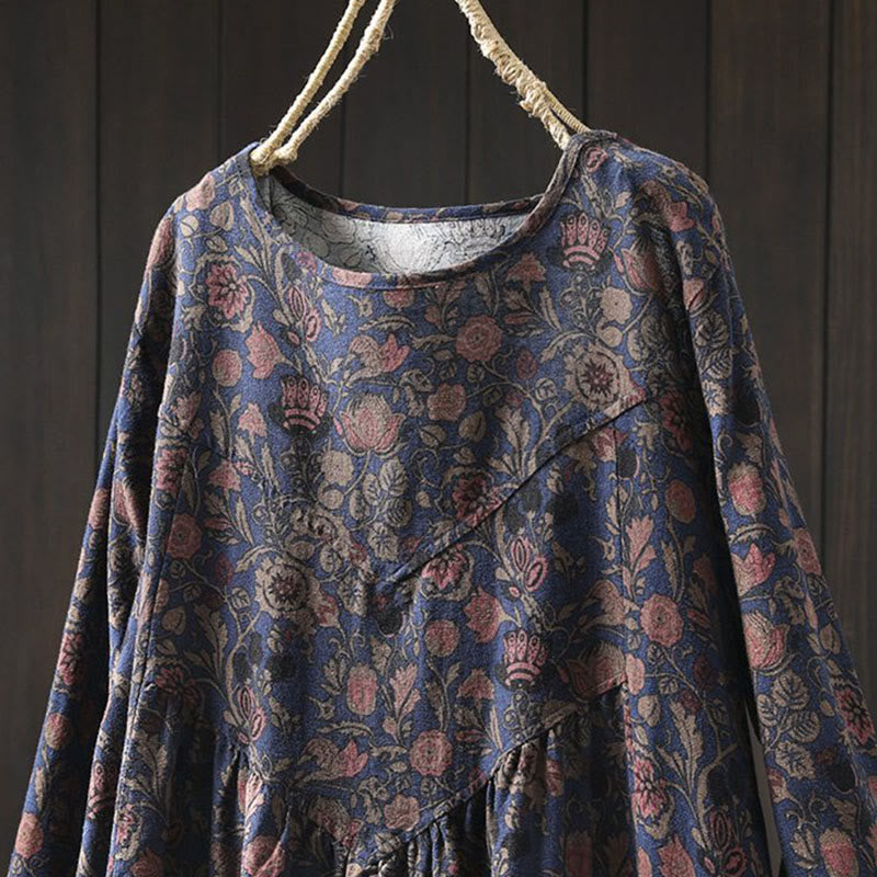 Buddha Stones Maxikleid aus Baumwolle für Damen mit Retro-Blumenmuster, A-Linien-Schnitt und langen Ärmeln - image 12