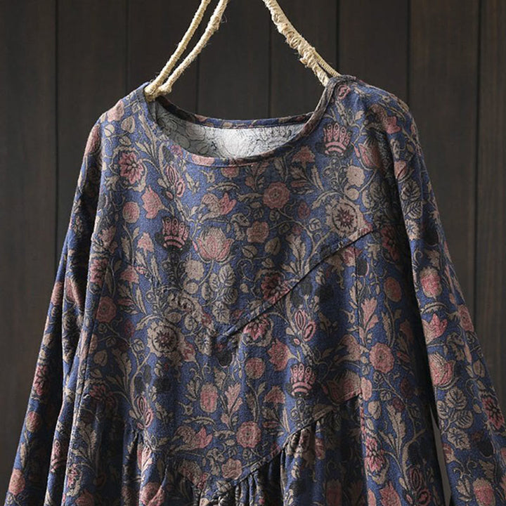 Buddha Stones Maxikleid aus Baumwolle für Damen mit Retro-Blumenmuster, A-Linien-Schnitt und langen Ärmeln - image 12