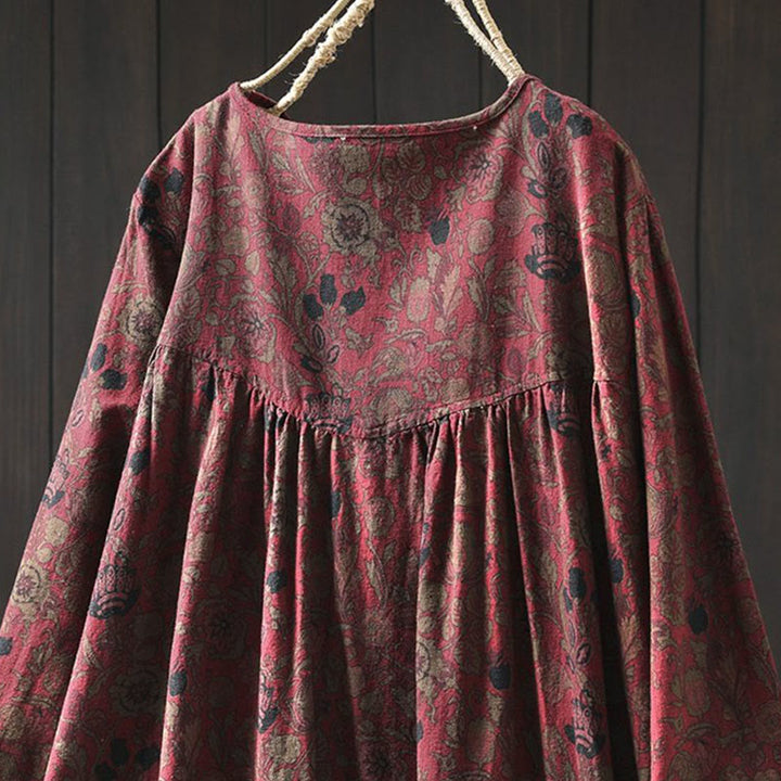Buddha Stones Maxikleid aus Baumwolle für Damen mit Retro-Blumenmuster, A-Linien-Schnitt und langen Ärmeln - image 5