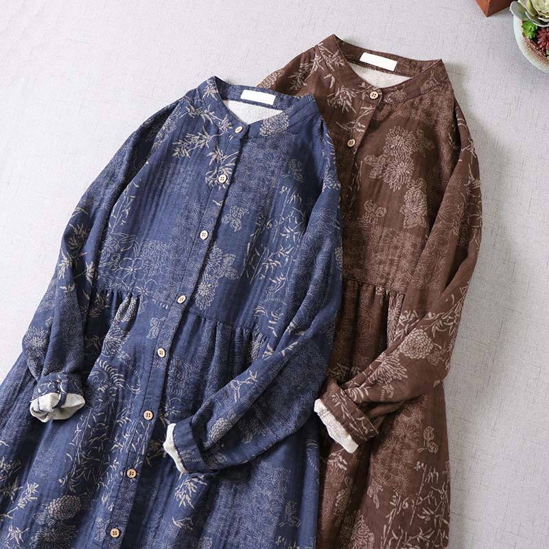 Buddha Stones Damen-Midikleid aus Baumwolle mit Bambus-Blumenmuster, langen Ärmeln, Knöpfen und Taschen - image 15
