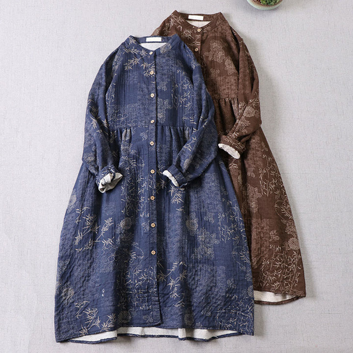 Buddha Stones Damen-Midikleid aus Baumwolle mit Bambus-Blumenmuster, langen Ärmeln, Knöpfen und Taschen - image 0