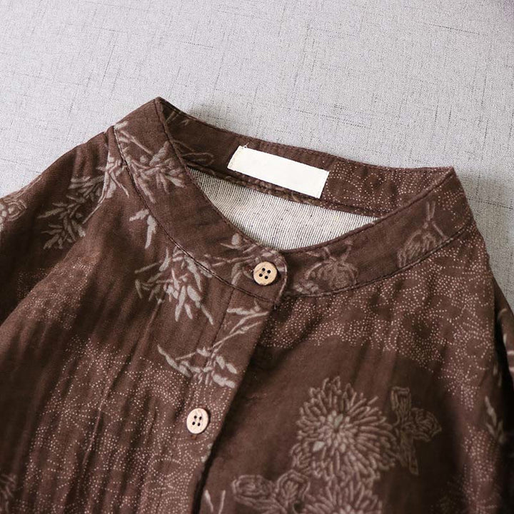 Buddha Stones Damen-Midikleid aus Baumwolle mit Bambus-Blumenmuster, langen Ärmeln, Knöpfen und Taschen - image 12
