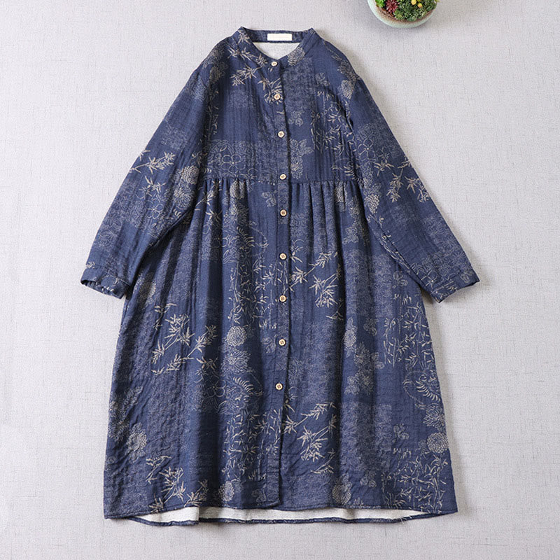Buddha Stones Damen-Midikleid aus Baumwolle mit Bambus-Blumenmuster, langen Ärmeln, Knöpfen und Taschen - Dunkelblau - US4-6, UK/AU8-10, EU36-38 (F) - image 1