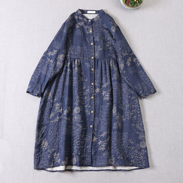 Buddha Stones Damen-Midikleid aus Baumwolle mit Bambus-Blumenmuster, langen Ärmeln, Knöpfen und Taschen - Dunkelblau - US4-6, UK/AU8-10, EU36-38 (F) - image 1