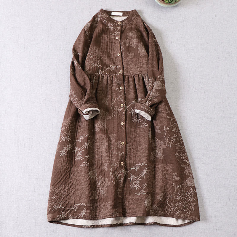 Buddha Stones Damen-Midikleid aus Baumwolle mit Bambus-Blumenmuster, langen Ärmeln, Knöpfen und Taschen - Sattelbraun - US4-6, UK/AU8-10, EU36-38 (F) - image 9