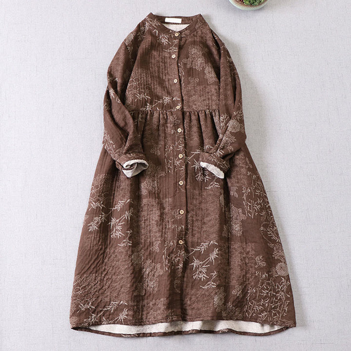 Buddha Stones Damen-Midikleid aus Baumwolle mit Bambus-Blumenmuster, langen Ärmeln, Knöpfen und Taschen - Sattelbraun - US4-6, UK/AU8-10, EU36-38 (F) - image 9