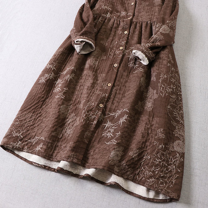 Buddha Stones Damen-Midikleid aus Baumwolle mit Bambus-Blumenmuster, langen Ärmeln, Knöpfen und Taschen - image 14