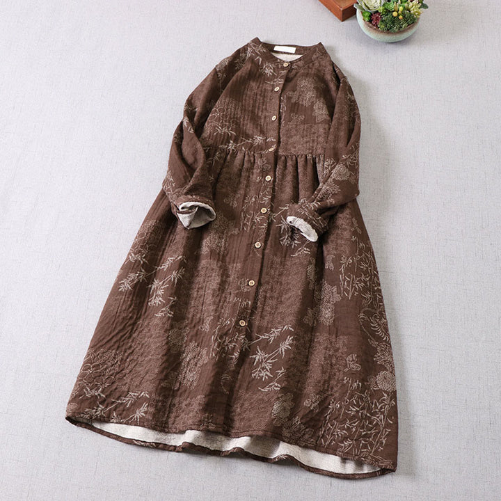 Buddha Stones Damen-Midikleid aus Baumwolle mit Bambus-Blumenmuster, langen Ärmeln, Knöpfen und Taschen - image 10