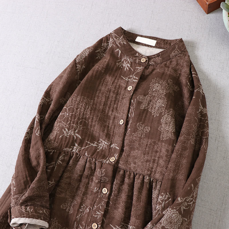 Buddha Stones Damen-Midikleid aus Baumwolle mit Bambus-Blumenmuster, langen Ärmeln, Knöpfen und Taschen - image 11
