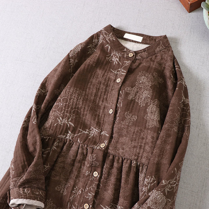 Buddha Stones Damen-Midikleid aus Baumwolle mit Bambus-Blumenmuster, langen Ärmeln, Knöpfen und Taschen - image 11