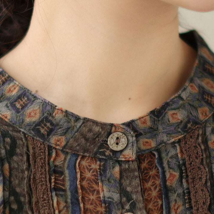 Buddha Stones Retro-Damenbluse mit floralem Print, Faltenwurf, langen Ärmeln und Taschen - image 10