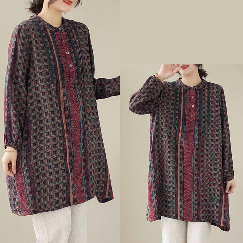 Buddha Stones Retro-Damenbluse mit floralem Print, Faltenwurf, langen Ärmeln und Taschen - image 15