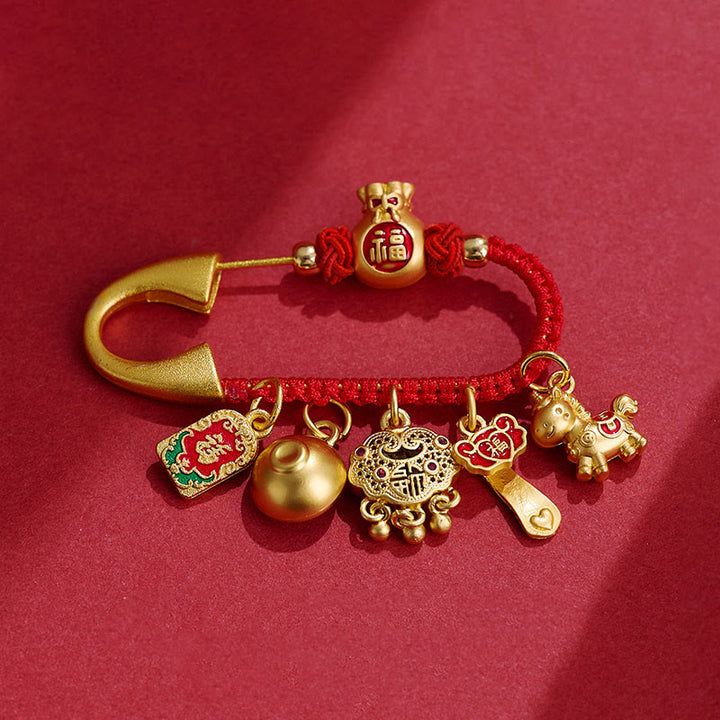 Buddha Stones ​​Jahr des Pferdes Charme Fu Charakter ziehen Glück Ruyi Griff Messing Glück Brosche - Pferdefrieden Fu Charakter - image 0