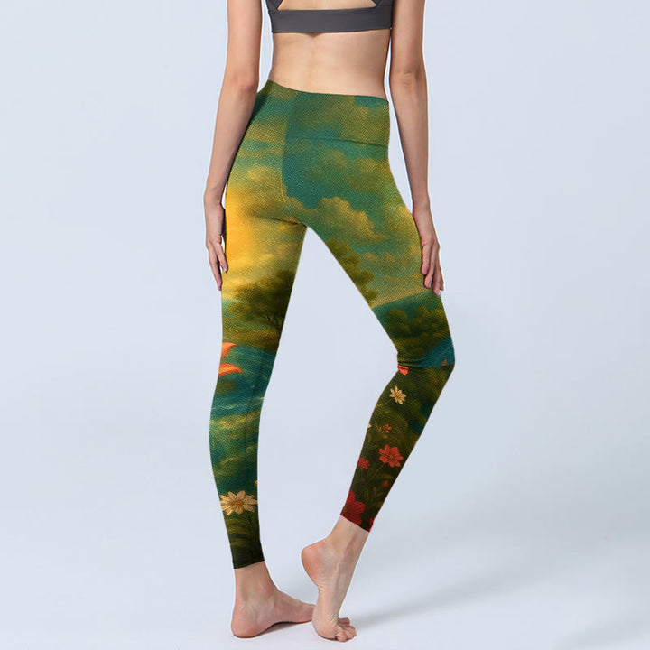 Buddha Stones Symmetrisches Om-Symbol, Lotusblume, kleiner Blumenbaum, Wolkenmuster, Leggings für Damen, Yogahose - image 4