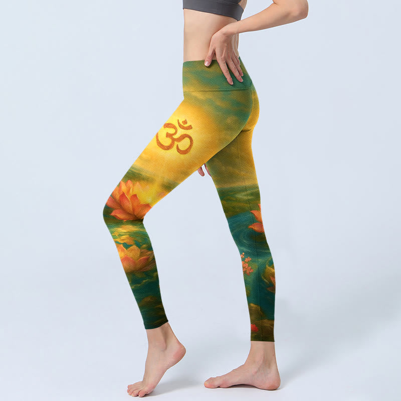 Buddha Stones Symmetrisches Om-Symbol, Lotusblume, kleiner Blumenbaum, Wolkenmuster, Leggings für Damen, Yogahose - image 2