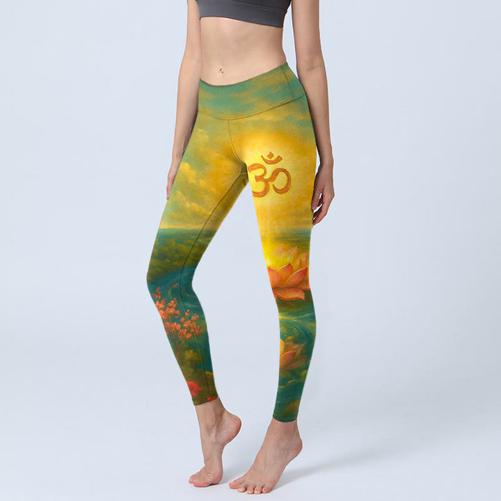 Buddha Stones Symmetrisches Om-Symbol, Lotusblume, kleiner Blumenbaum, Wolkenmuster, Leggings für Damen, Yogahose - Grün - US18, UK/AU22, EU50 (4XL) - image 0
