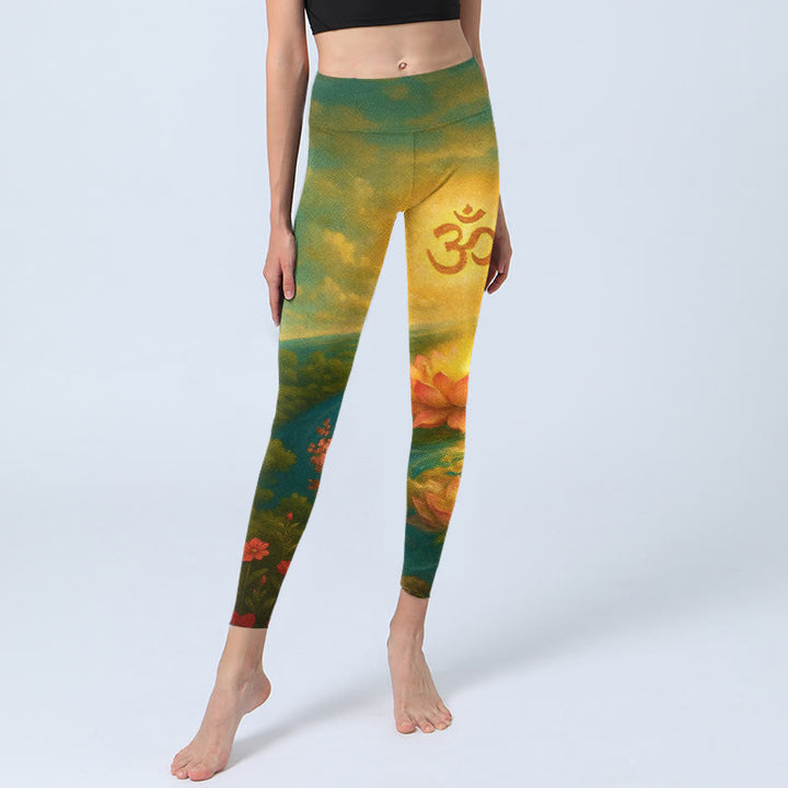 Buddha Stones Symmetrisches Om-Symbol, Lotusblume, kleiner Blumenbaum, Wolkenmuster, Leggings für Damen, Yogahose - image 5