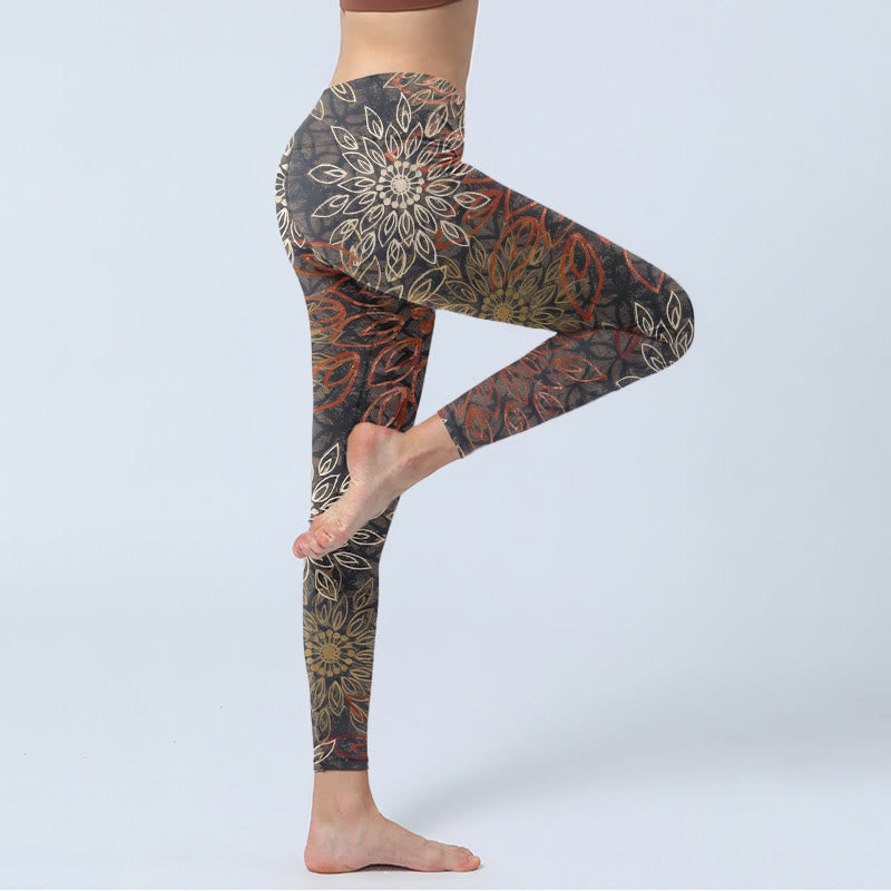 Buddha Stones Leggings mit symmetrischem Retro-Blumenmuster, Yogahose für Damen - image 3