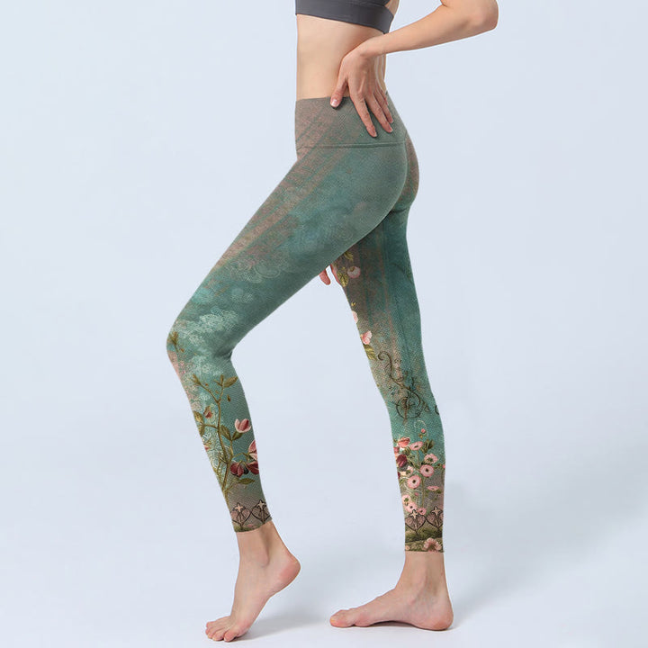 Buddha Stones Leggings mit symmetrischem Retro-Blumen-, Blatt- und Rankenmuster – ideal für Sport und Yoga. - image 2
