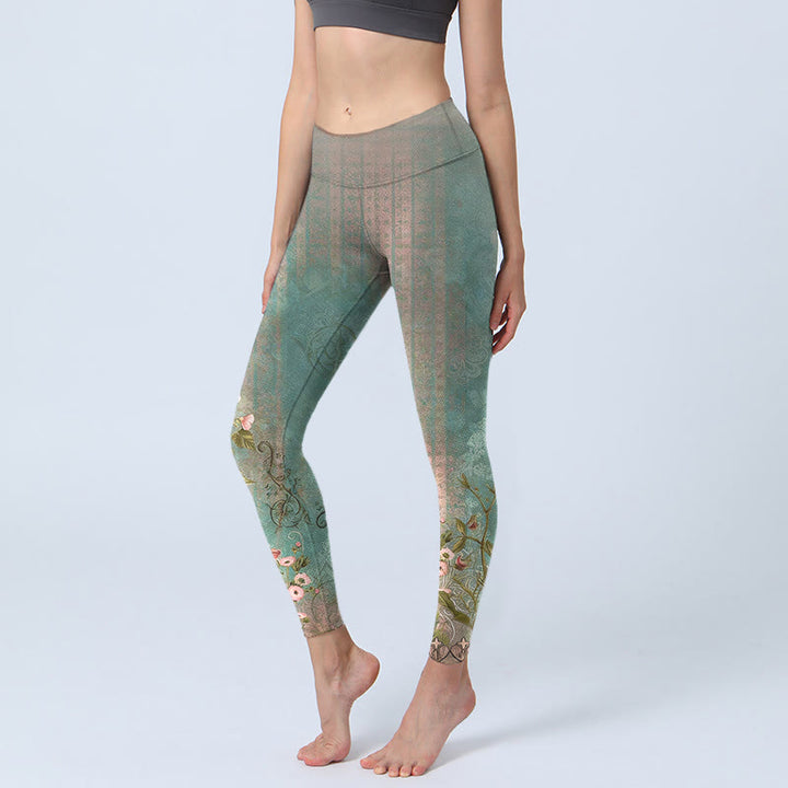 Buddha Stones Leggings mit symmetrischem Retro-Blumen-, Blatt- und Rankenmuster – ideal für Sport und Yoga. - Hellseegrün - US18, UK/AU22, EU50 (4XL) - image 0