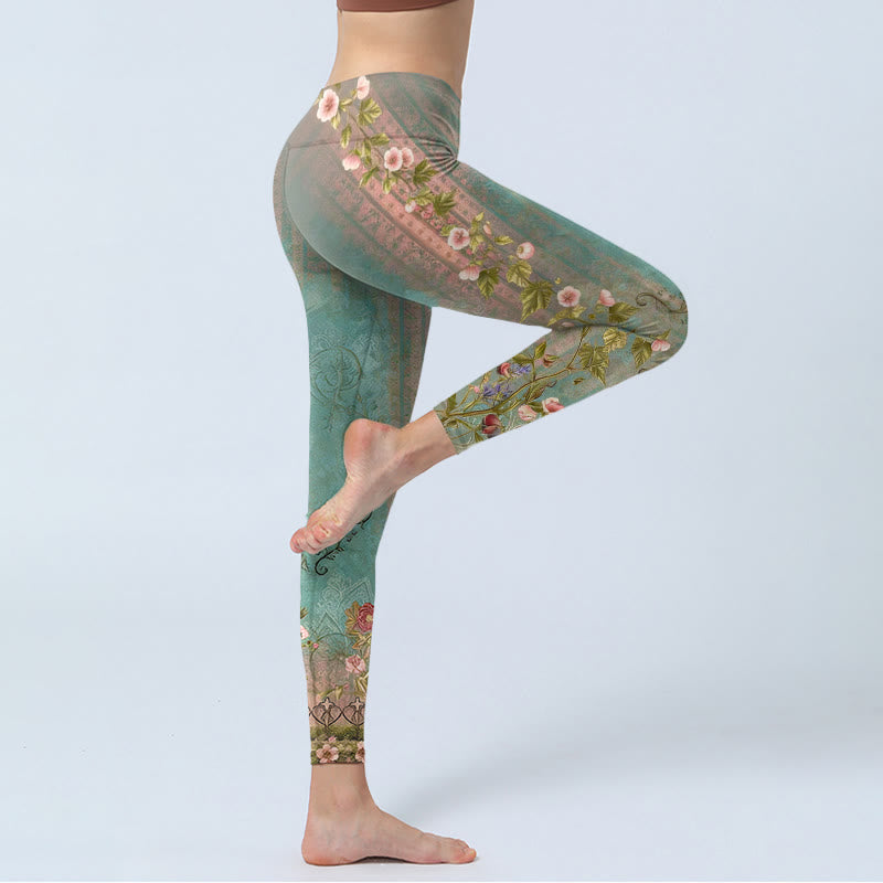 Buddha Stones Leggings mit symmetrischem Retro-Blumen-, Blatt- und Rankenmuster – ideal für Sport und Yoga. - image 3