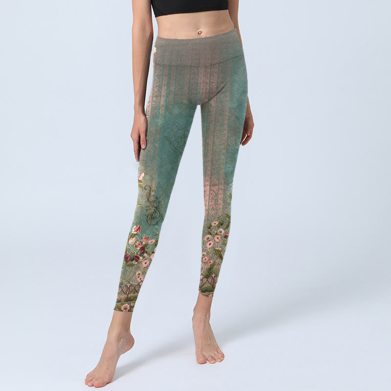 Buddha Stones Leggings mit symmetrischem Retro-Blumen-, Blatt- und Rankenmuster – ideal für Sport und Yoga. - image 5