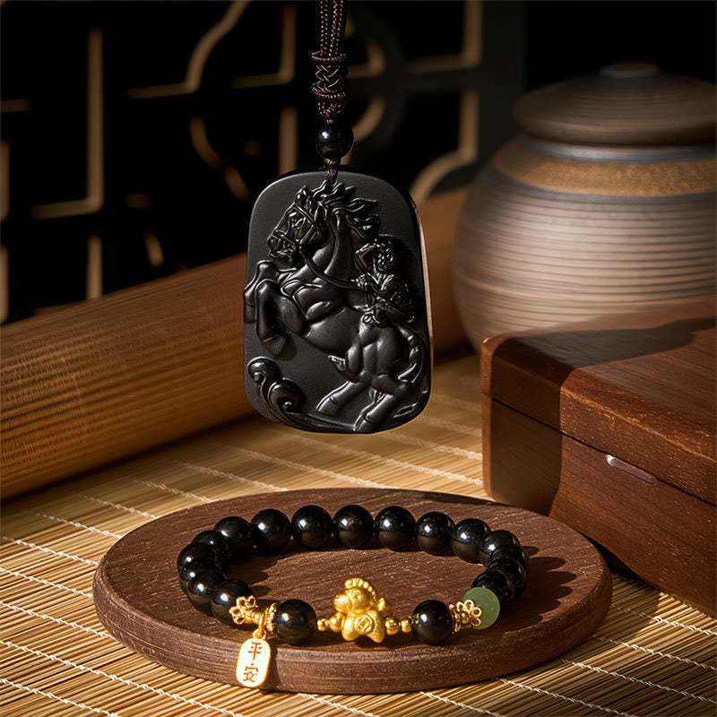 Buddha Stones Jahr des Pferdes Schwarzes Obsidian-Hetian-Jade-Kraftbündel - Das Pferde-Schwarzobsidian-Kraftbündel - image 0