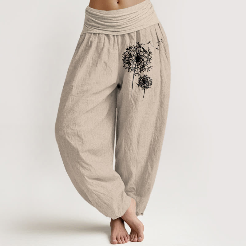 Buddha Stones Haremshose aus reiner Baumwolle im minimalistischen Stil mit Löwenzahnmuster und elastischem Bund für Damen - Bräunen - US16, UK/AU20, EU48 (3XL) - image 0