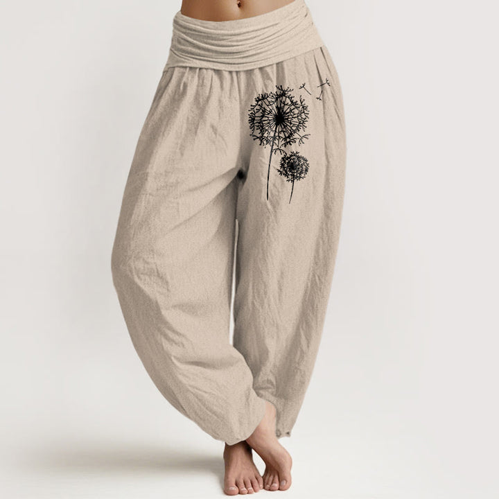 Buddha Stones Haremshose aus reiner Baumwolle im minimalistischen Stil mit Löwenzahnmuster und elastischem Bund für Damen - Bräunen - US16, UK/AU20, EU48 (3XL) - image 0