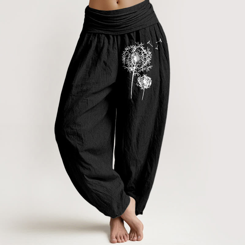 Buddha Stones Haremshose aus reiner Baumwolle im minimalistischen Stil mit Löwenzahnmuster und elastischem Bund für Damen - Schwarz - US16, UK/AU20, EU48 (3XL) - image 5