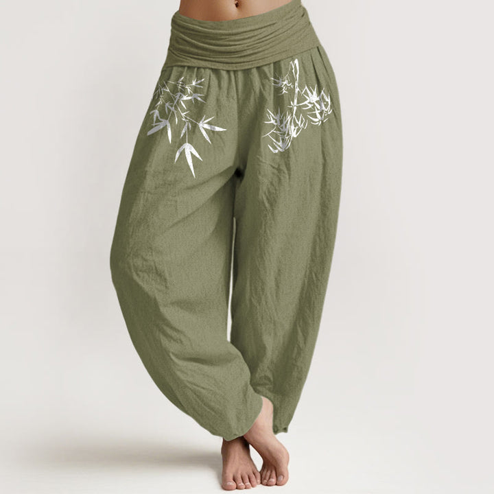 Buddha Stones Haremshose aus reiner Baumwolle im minimalistischen Stil mit Bambusblattmuster und elastischem Bund. - Olivgrün - US16, UK/AU20, EU48 (3XL) - image 0