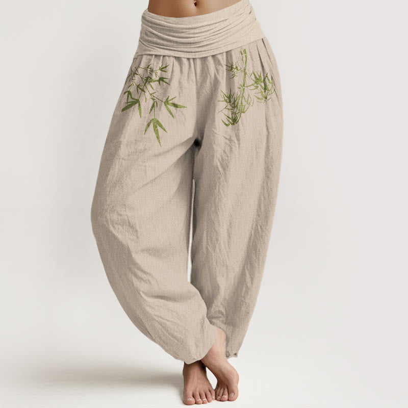 Buddha Stones Haremshose aus reiner Baumwolle im minimalistischen Stil mit Bambusblattmuster und elastischem Bund. - Bräunen - US16, UK/AU20, EU48 (3XL) - image 14