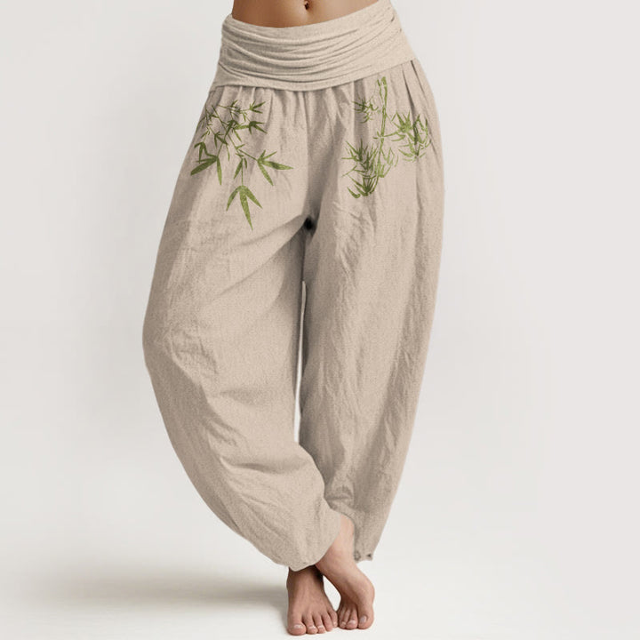 Buddha Stones Haremshose aus reiner Baumwolle im minimalistischen Stil mit Bambusblattmuster und elastischem Bund. - Bräunen - US16, UK/AU20, EU48 (3XL) - image 14