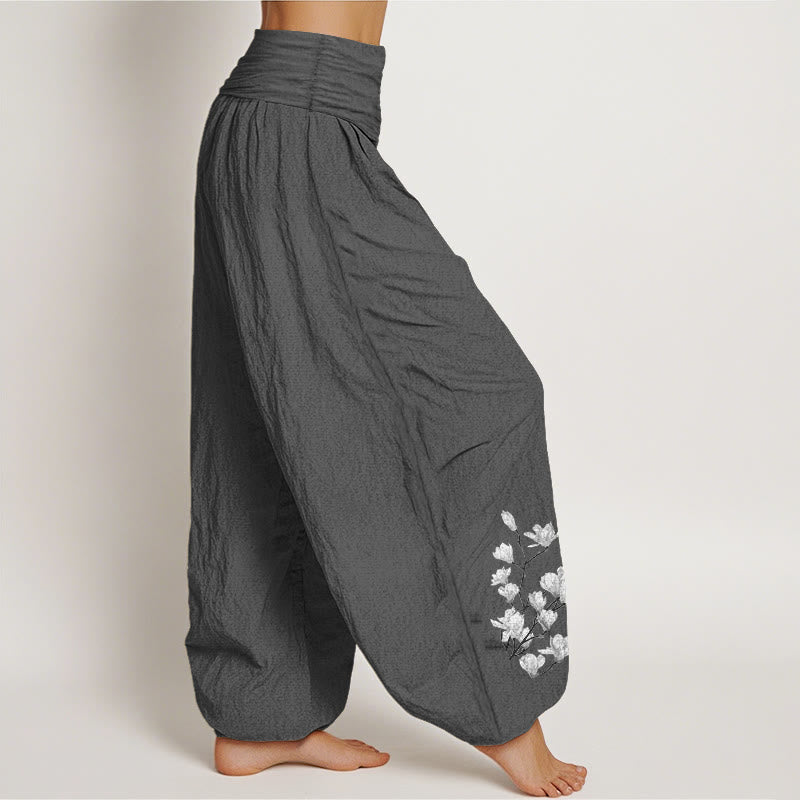 Buddha Stones Haremshose aus reiner Baumwolle im minimalistischen Stil mit Magnolienblumenmuster und elastischem Bund. - image 10